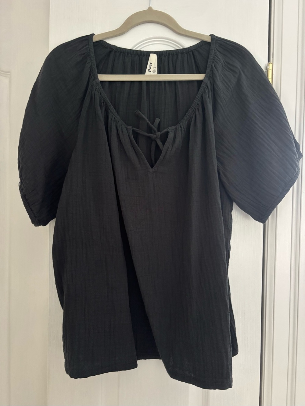 Pact Black Tie-Front Peasant Blouse
